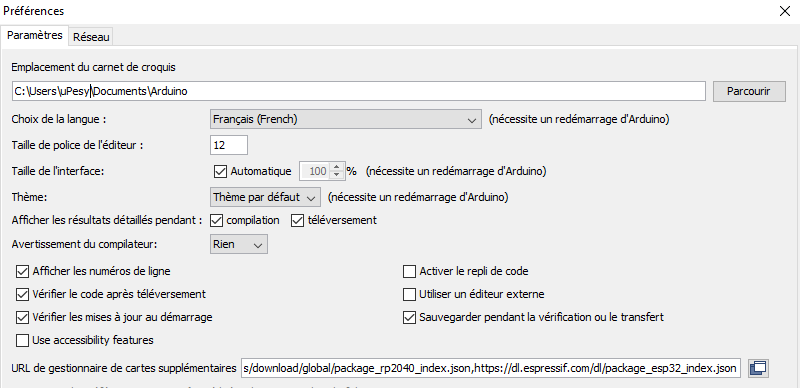 Accéder aux préférences du logiciel Arduino IDE