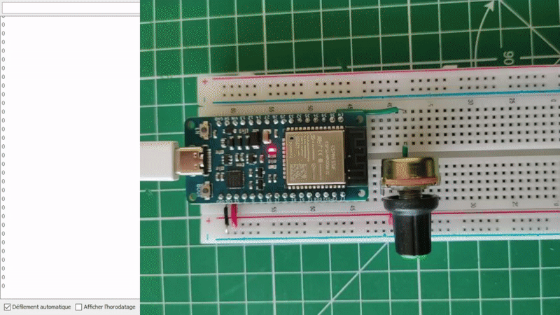 Câblage sur plaque de prototypage adc et potentiomètre