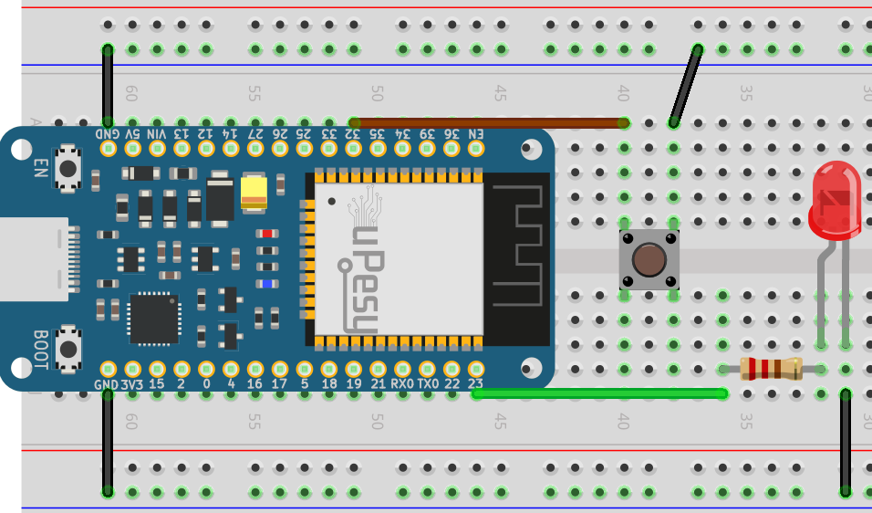 Câblage sur plaque de prototypage du bouton-poussoir et de la led