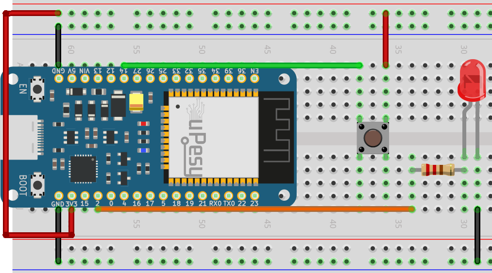 Câblage sur plaque de prototypage du bouton-poussoir et de la led