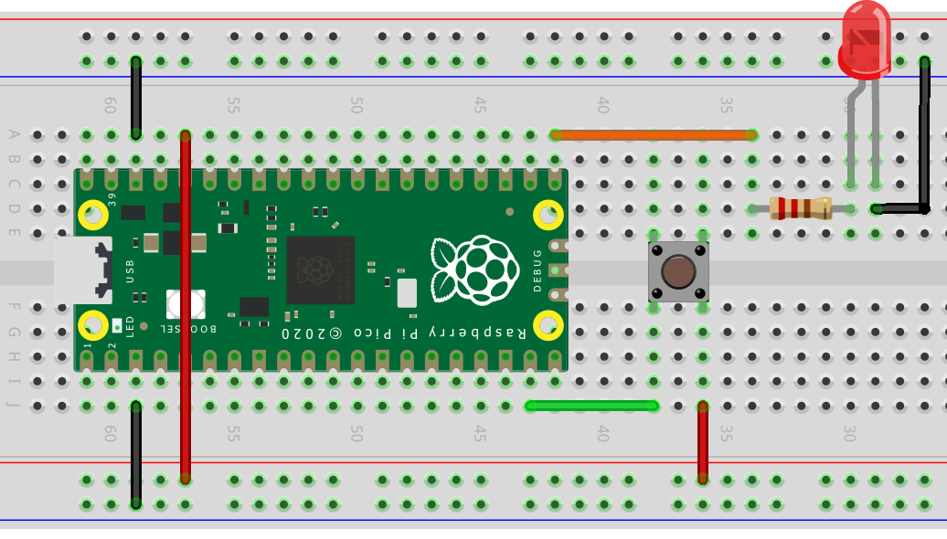 Câblage sur plaque de prototypage du bouton-poussoir et de la led