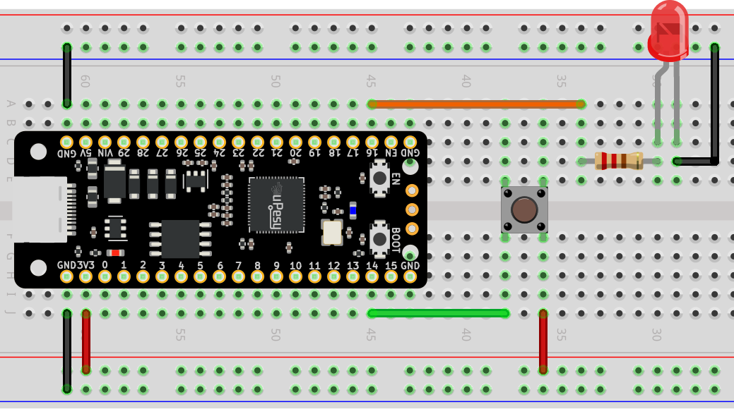 Câblage sur plaque de prototypage du bouton-poussoir et de la led