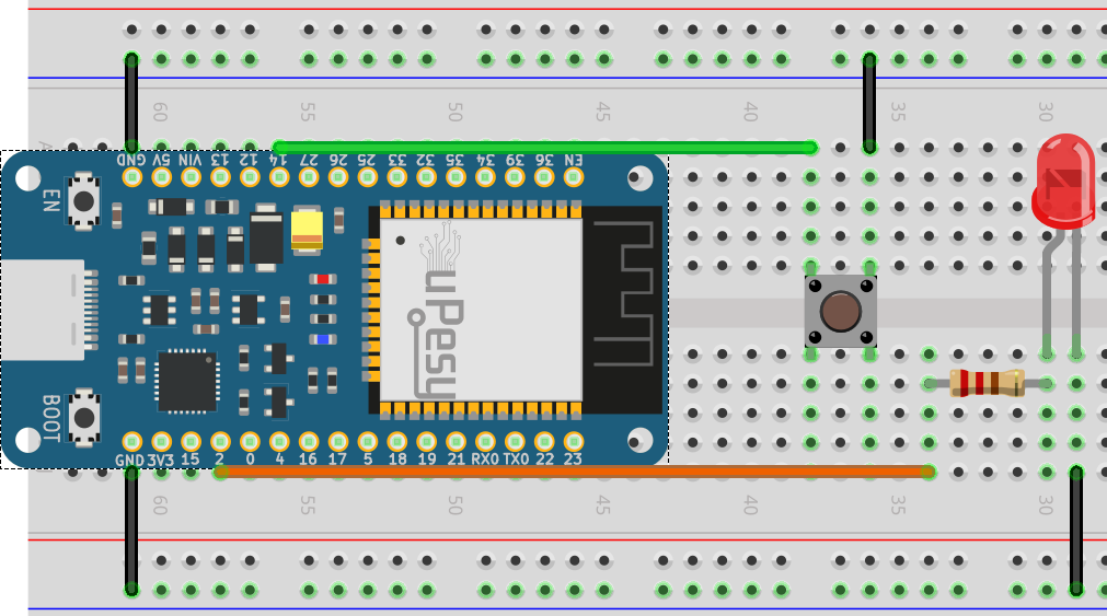 Câblage sur plaque de prototypage du bouton-poussoir et de la led