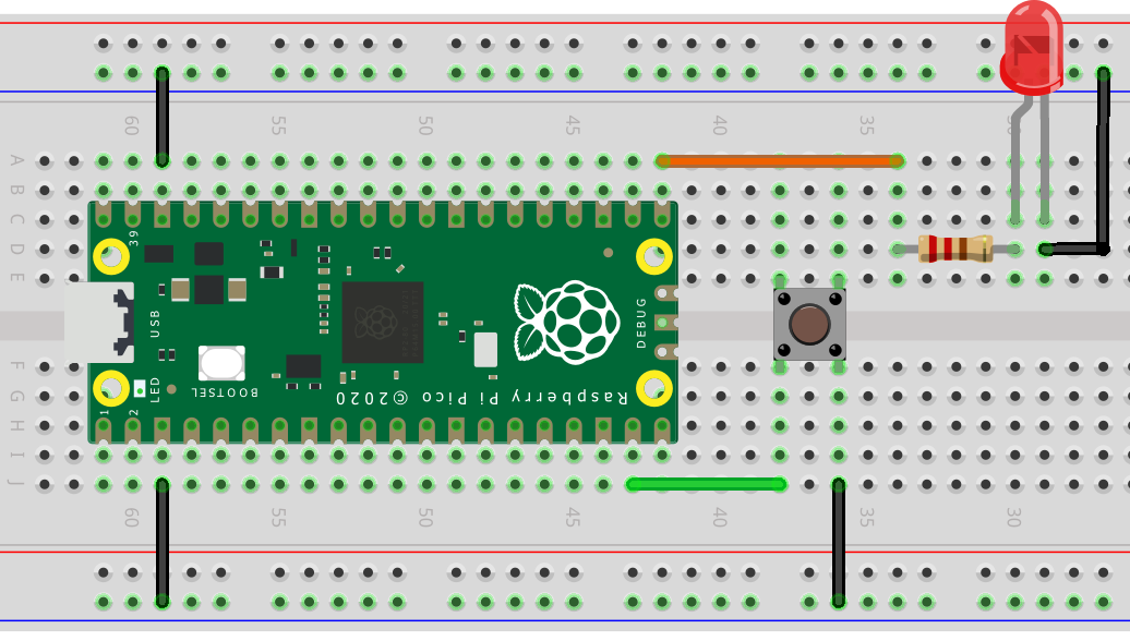 Câblage sur plaque de prototypage du bouton-poussoir et de la led