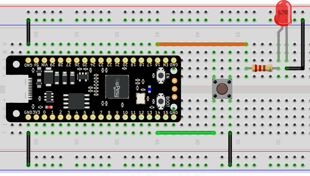 Câblage sur plaque de prototypage du bouton-poussoir et de la led