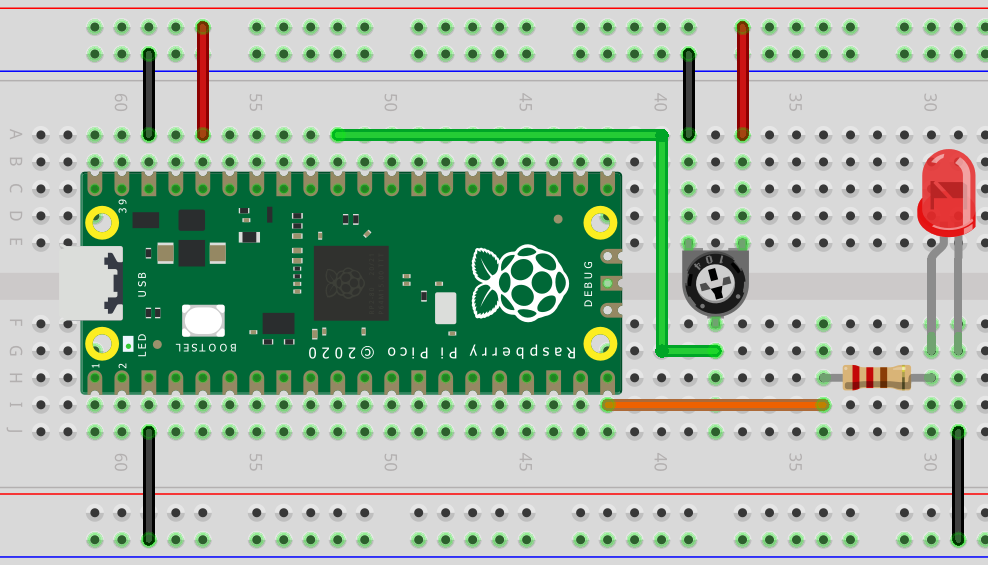 Schéma de câblage Pico adc potentiomètre avec LED