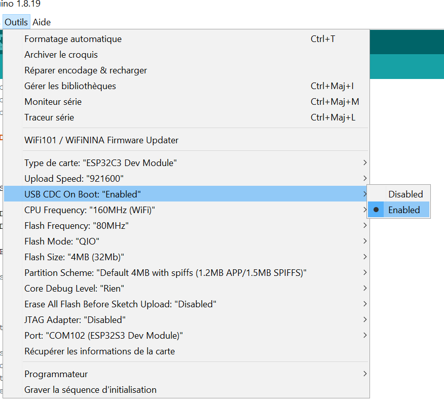 enable USB CDC on ESP32C3 Dev