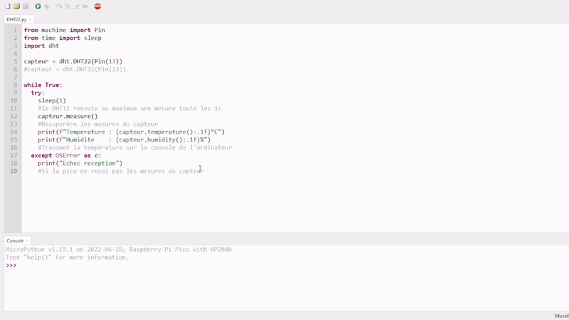 upython DHT22 avec un Pico sur thonny IDE
