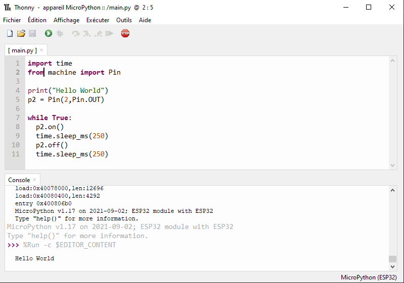 Exemple de scipt Python sur Thonny IDE pour carte ESP32
