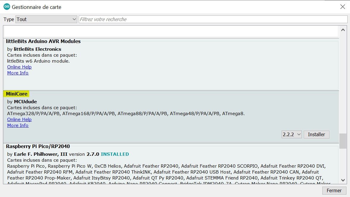 instllationMiniCore depuis Arduino IDE