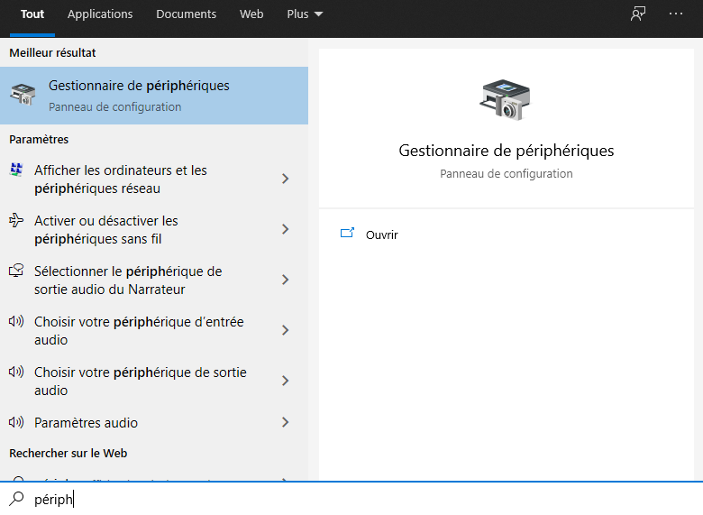 gestionnaire de périphériques dans Windows 10