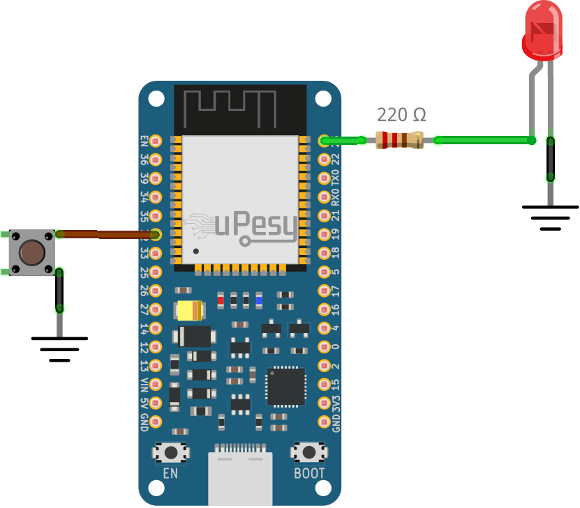 Schéma de câblage ESP32 led bouton-poussoir