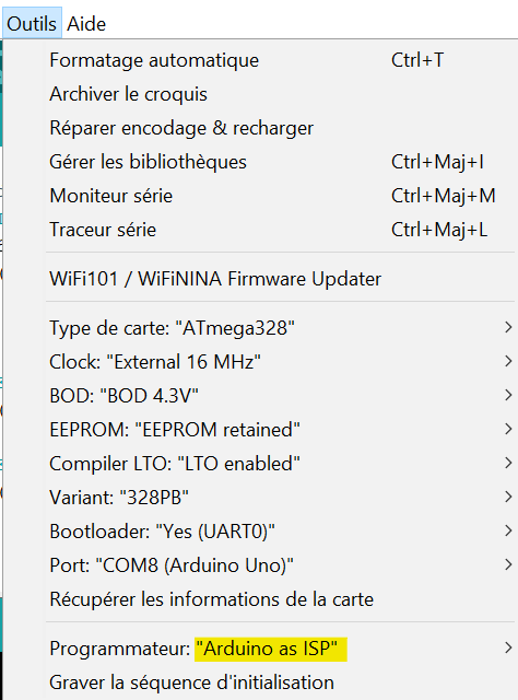 choisir programmateur Arduino As ISP