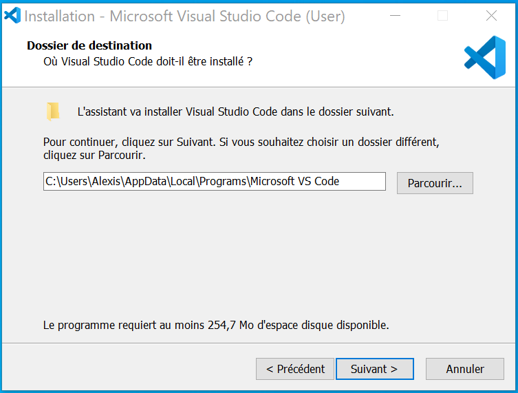 installation VS code choisir dossier